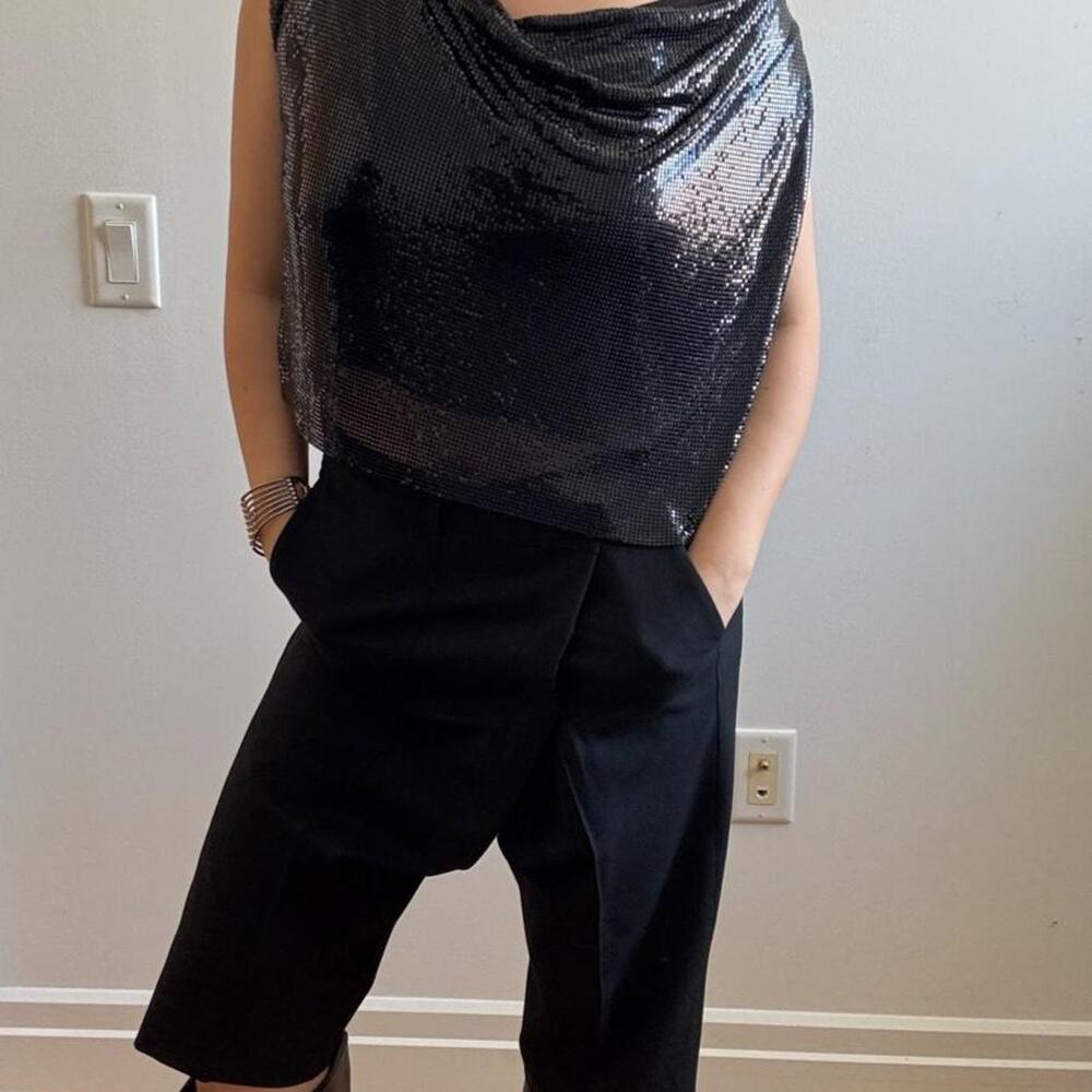 2000’s Express Black Metallic Chainmail Cowl Neck Party Top Y2K Size XS
